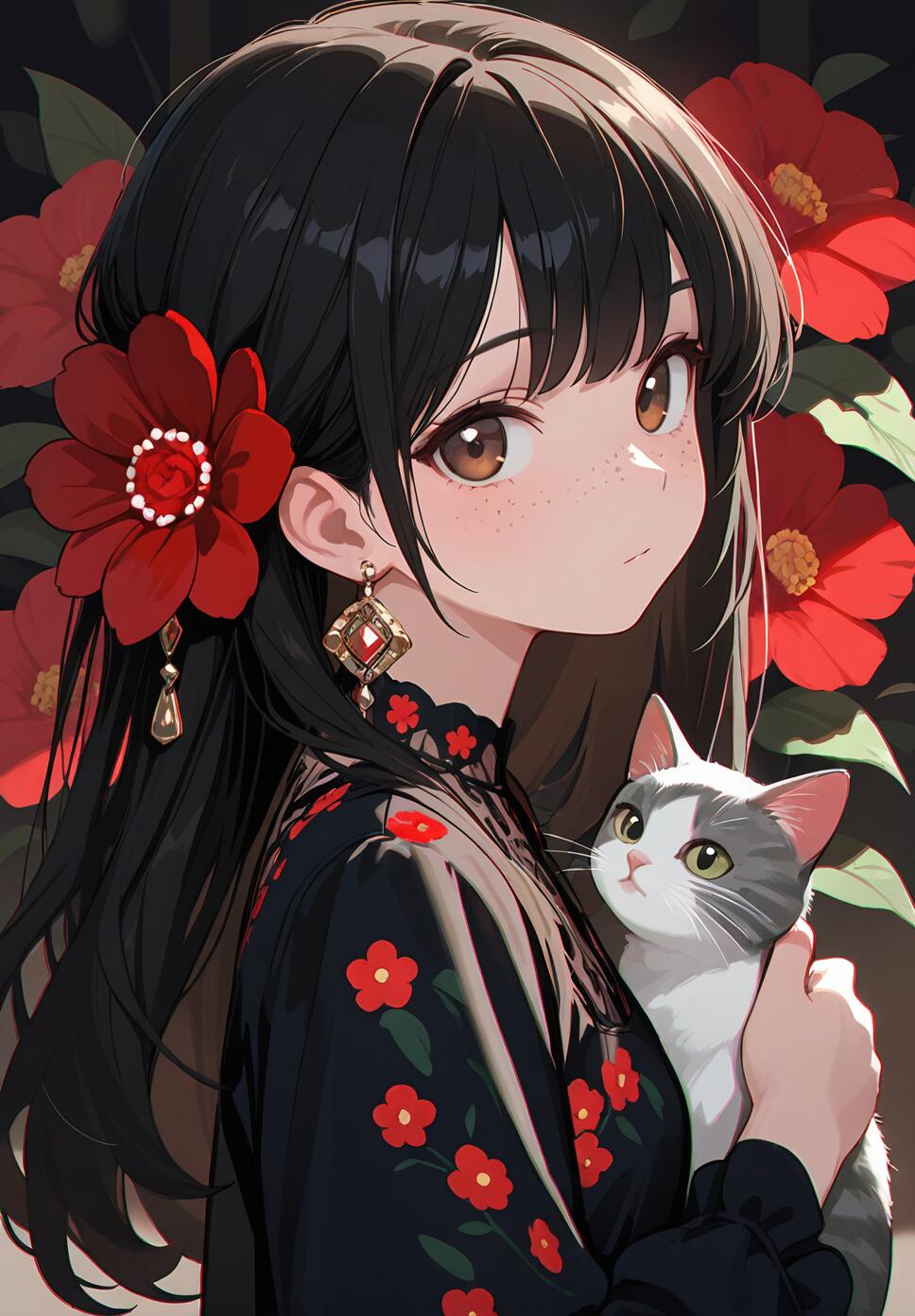 A detailed portrait of a girl with long black hair, red hair flowers, freckles, and a cat, set against a dark, floral-themed background.