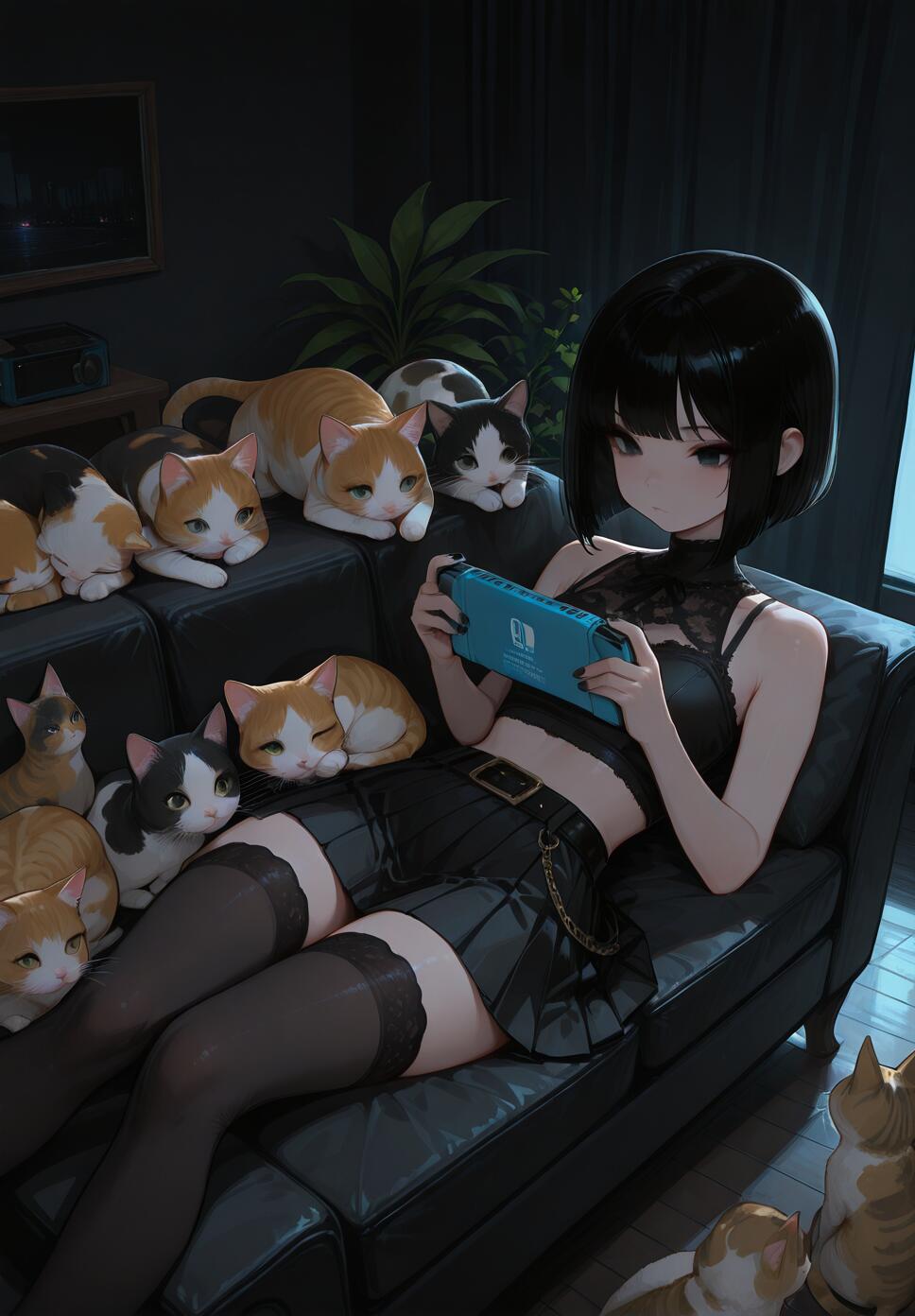 A girl with black hair and goth clothing reclining on a couch playing Nintendo Switch, surrounded by several ginger tabby cats in a cozy, dark room.