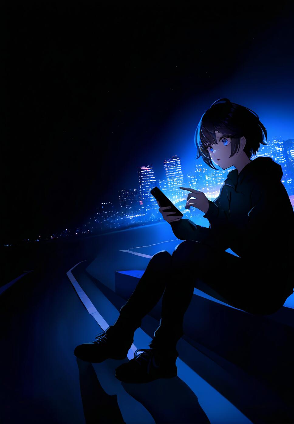 A girl with blue eyes sitting on a street at night, her face illuminated by the light of her phone screen with a distant cityscape under a dark sky.