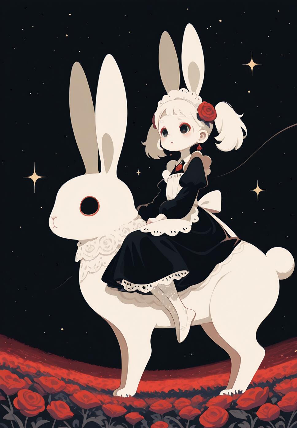 An anime-style illustration of a girl with white hair and a black maid outfit riding a large bunny through a flower field at night under a starry sky.