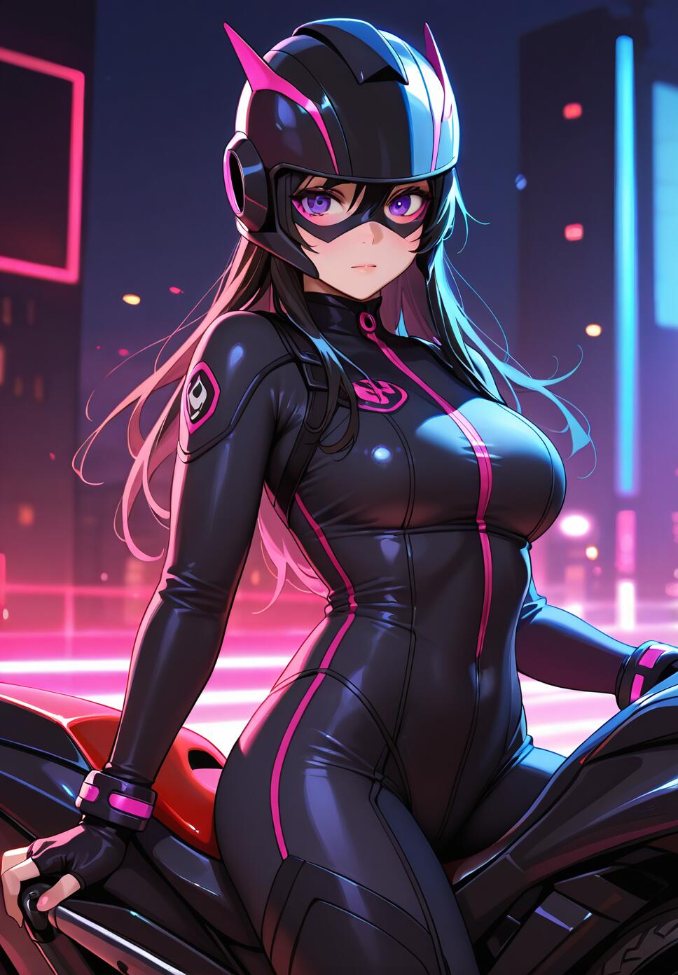 A watercolor painting of a person with long black hair and purple eyes wearing a bodysuit and helmet, riding a motorcycle under a red light.