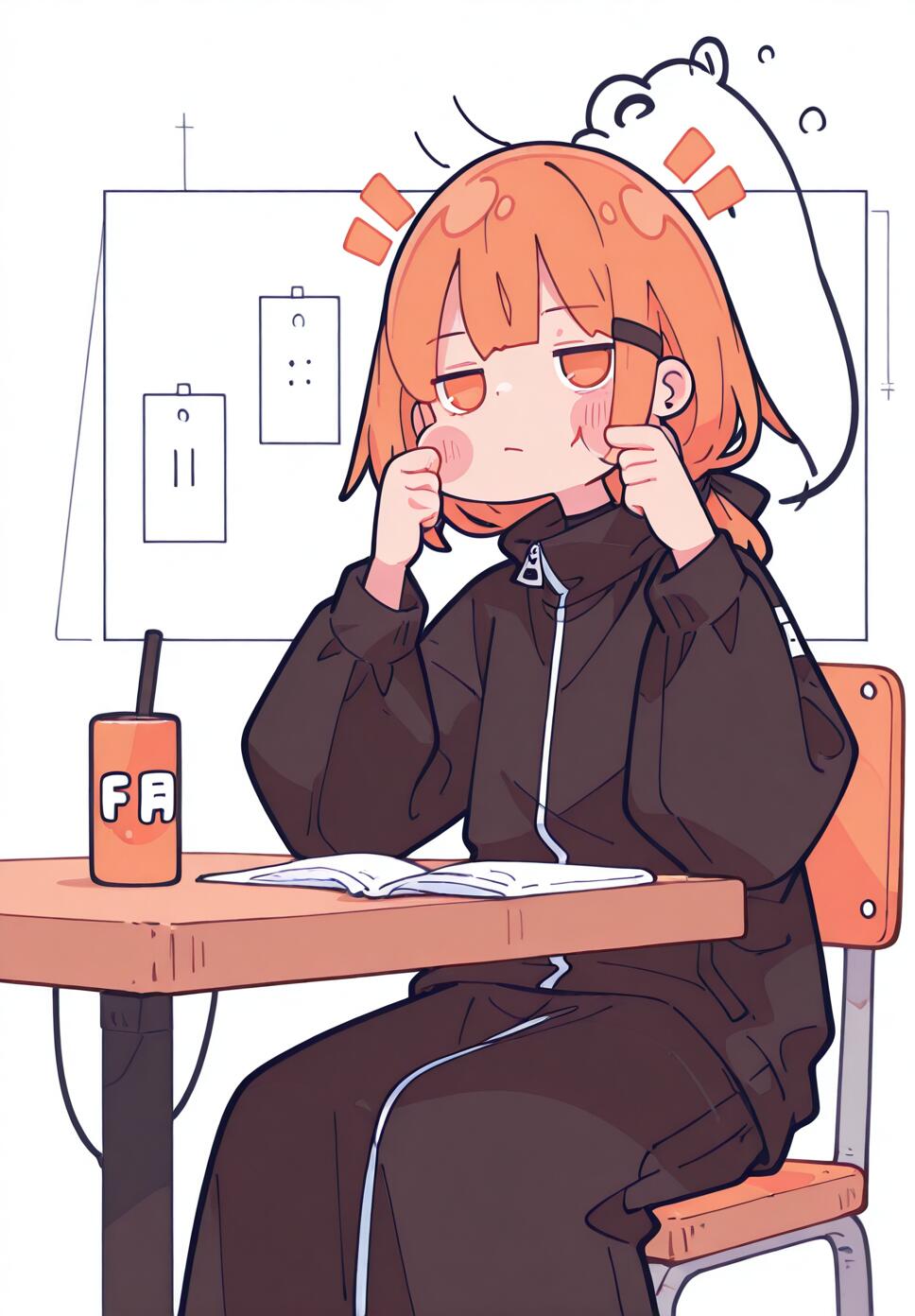 Flat vector illustration of an expressionless girl sitting at a table and pulling her cheek, viewed from above.