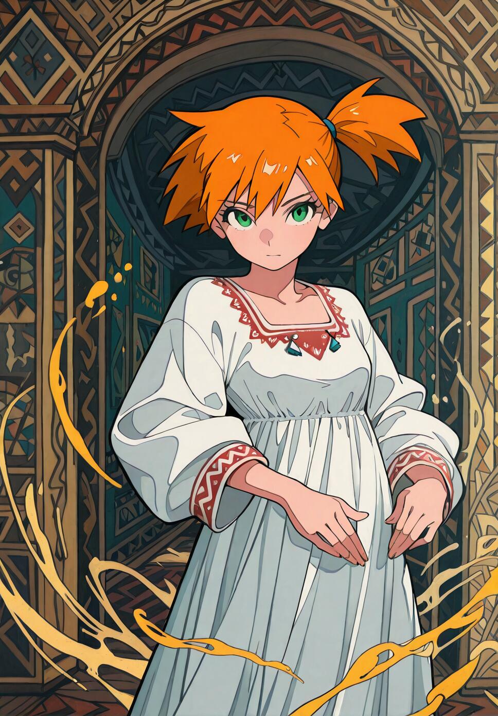 An abstract illustration of Misty from Pokémon wearing Slavic clothing with orange spiked hair and green eyes in a misty, geometric setting.