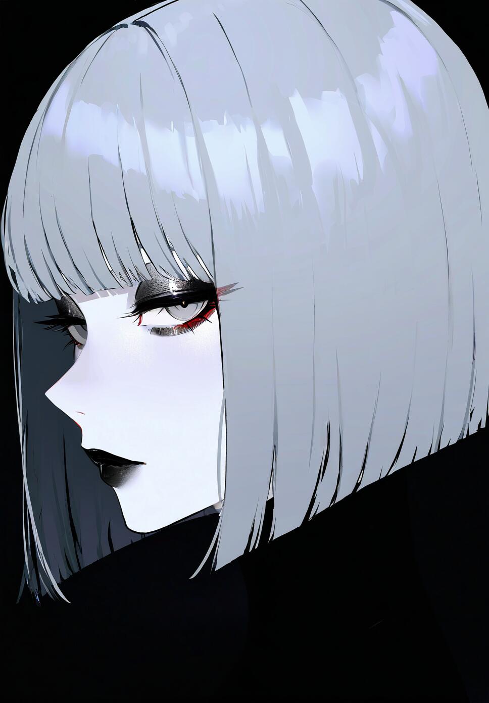 A close-up profile portrait of a woman with grey skin, short two-tone grey hair, and black lips wearing a turtleneck.