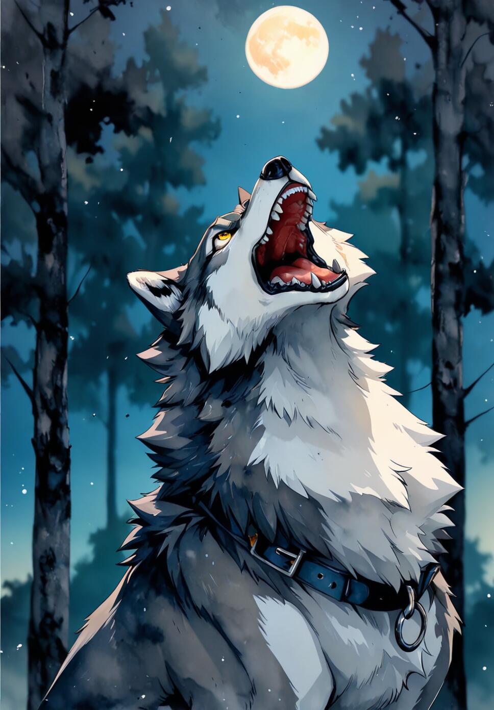 A watercolor painting of a wolf with yellow eyes looking up at a large full moon in a night sky.