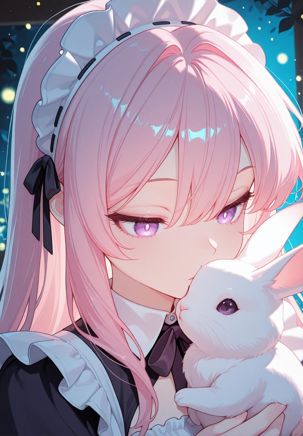 An ethereal illustration of a girl with pink hair and purple eyes holding a rabbit in a moonlit meadow with glowing fireflies.