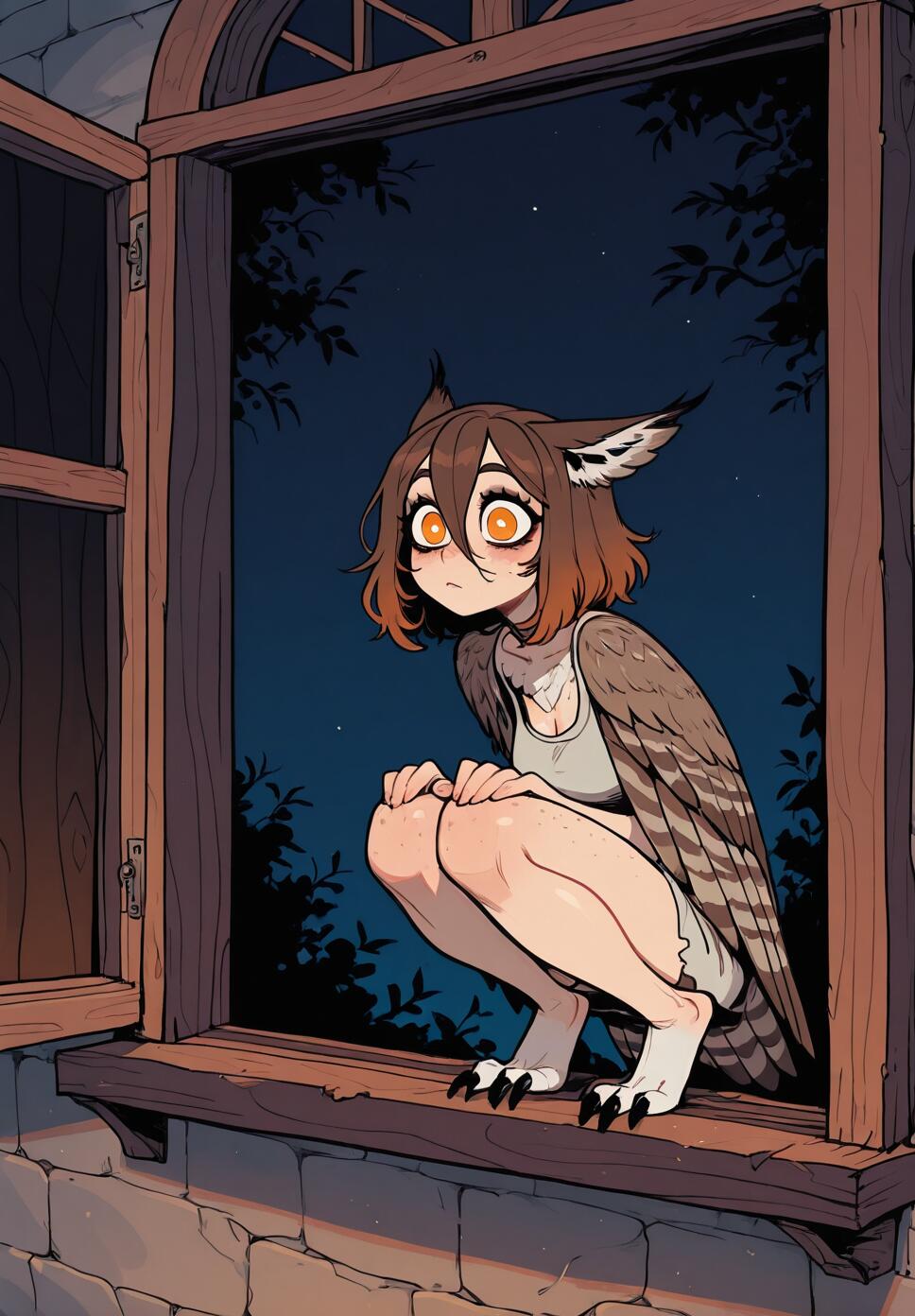 An owl girl with large orange eyes, brown hair, and folded wings, squatting on a medieval wooden window sill at night under the moonlight.