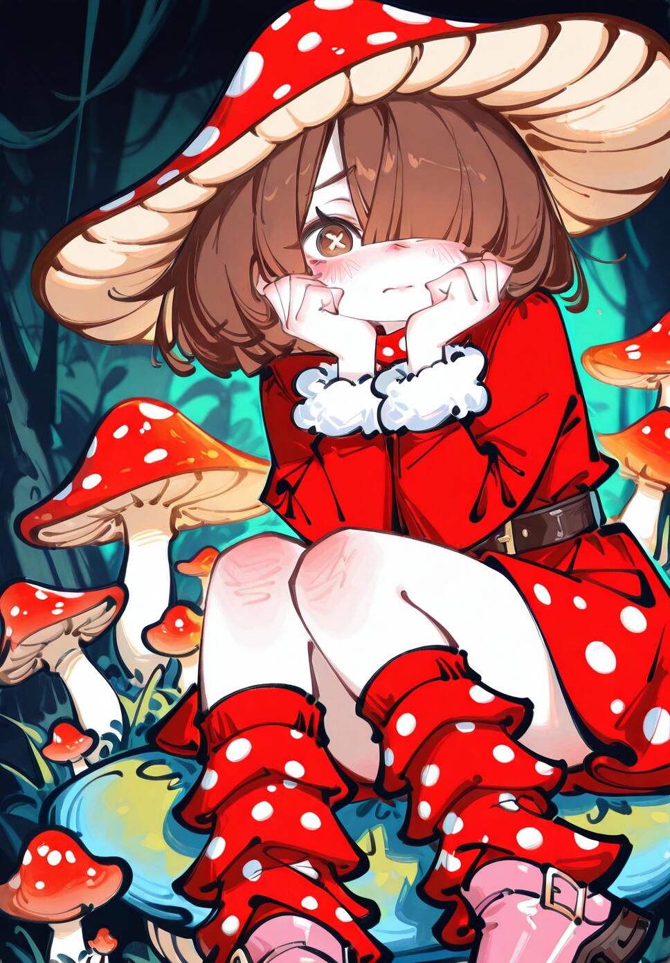 A shy girl with brown hair and x-shaped pupils wearing a red polka dot dress, a mushroom hat, and pink boots.