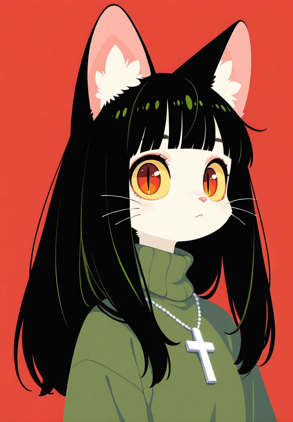 A portrait of a cat girl with long black hair, cat ears, and a cross necklace, wearing a turtleneck sweater against a red background.