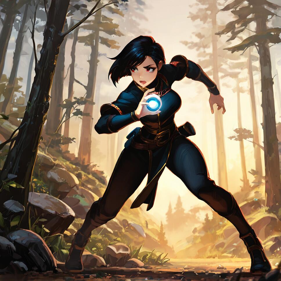 A female fantasy hunter with black hair and gold eyes holding a glowing magical orb, overlooking a misty valley at dawn.