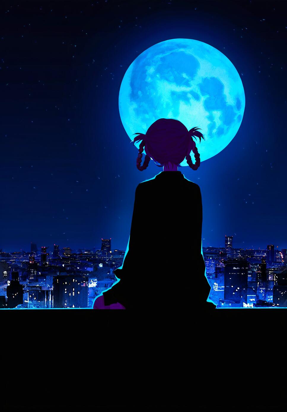 Nazuna Nanakusa from Call of the Night sitting on a rooftop under a starry night sky and full moon with glowing city lights in the background.