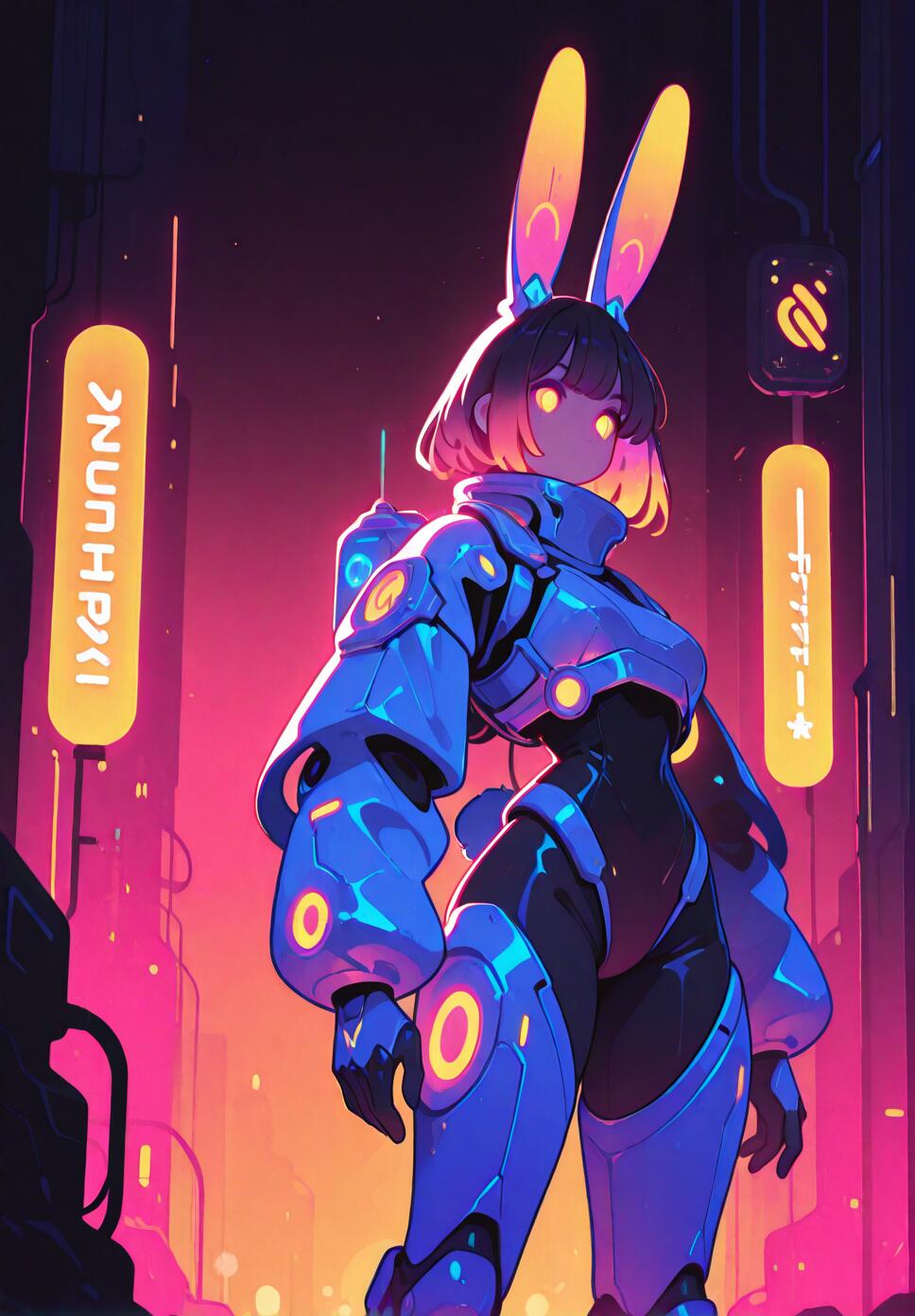 A futuristic character wearing glowing robotic armor and bunny ears amidst neon-lit sci-fi elements.