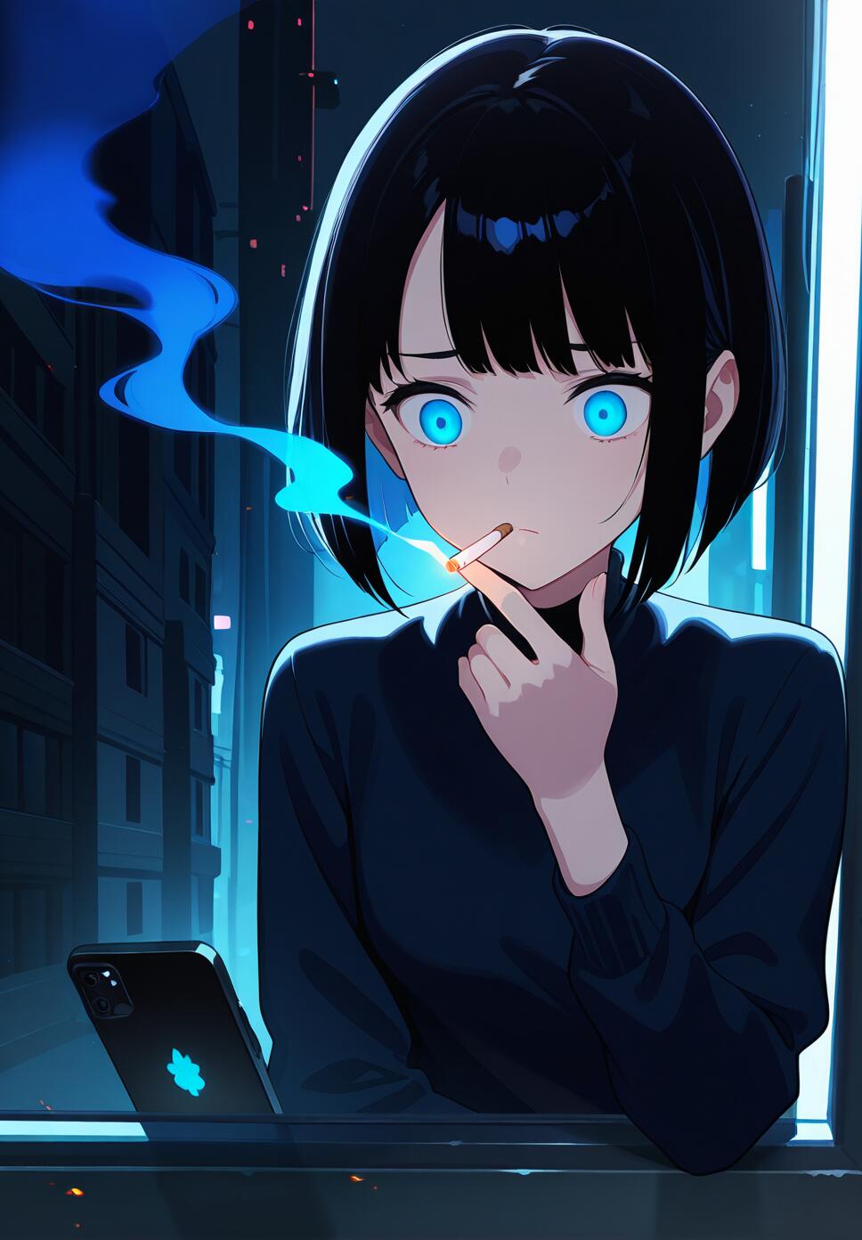 A girl with black and cyan bob-cut hair looking at her smartphone in a dark, neon-lit urban setting with glowing blue cigarette smoke.