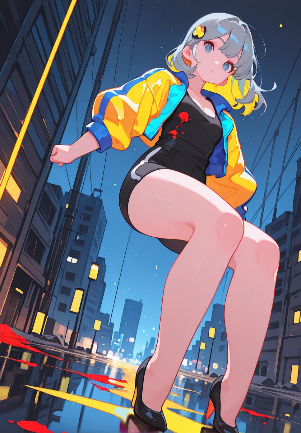 Flat vector illustration of a woman with grey hair and a yellow hazard jacket jumping through a neon-lit abandoned city.