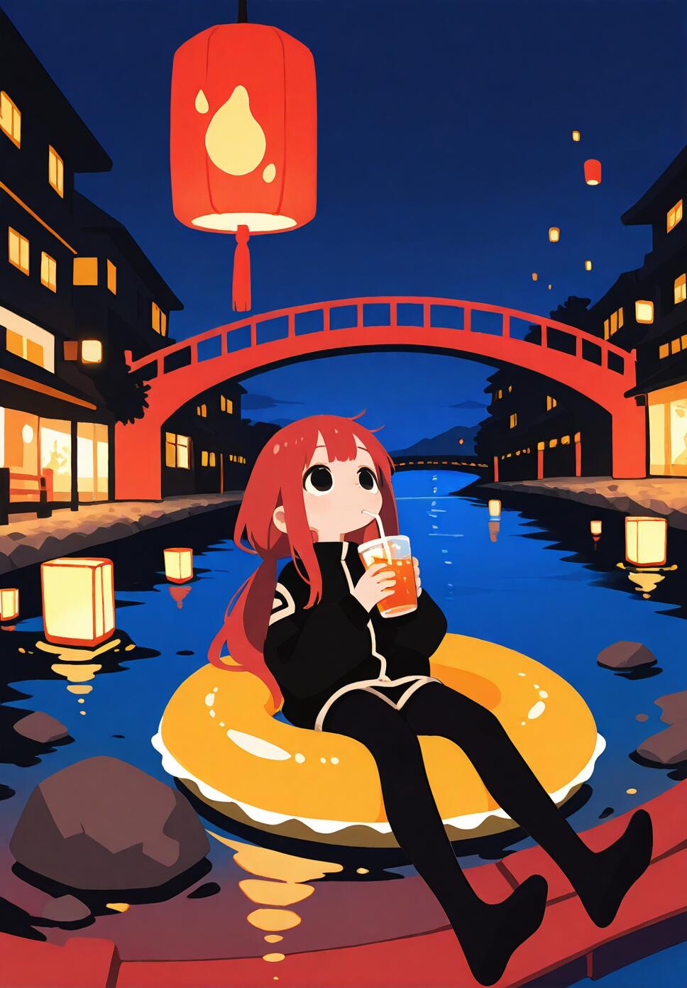 A girl with long red hair and a black jacket sitting on a floating inner tube in a river at night, surrounded by glowing paper lanterns and a starry sky.