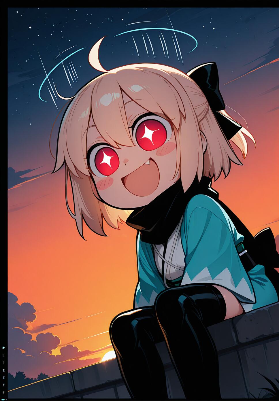 Chibi Okita Souji from the Fate series wearing a kimono and scarf, smiling under a beautiful starry sunset sky.