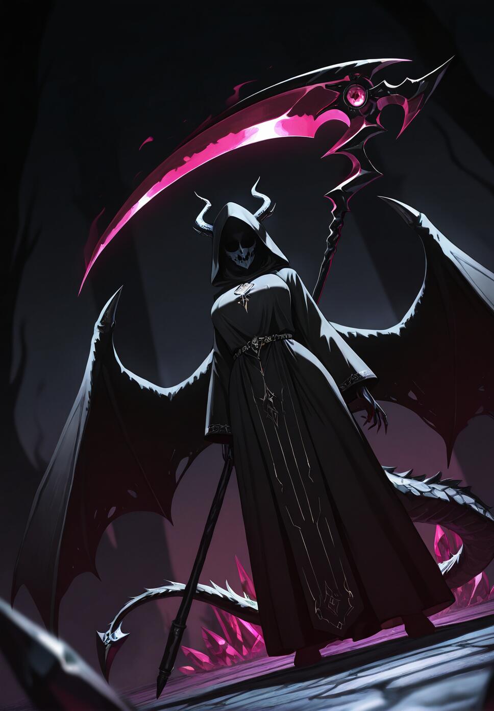 A dragon girl with black wings, a dragon tail, and a black robe holding a glowing energy sickle amidst onyx crystals.