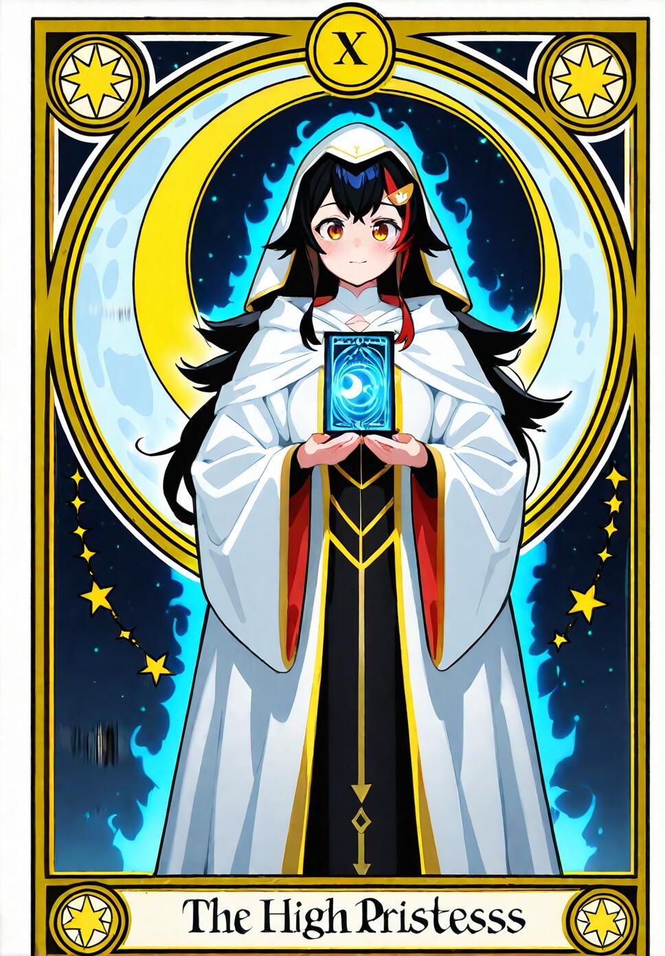 Ookami Mio from Hololive depicted as The High Priestess tarot card in a mystical Art Nouveau style with a glowing moon and arcane symbols.
