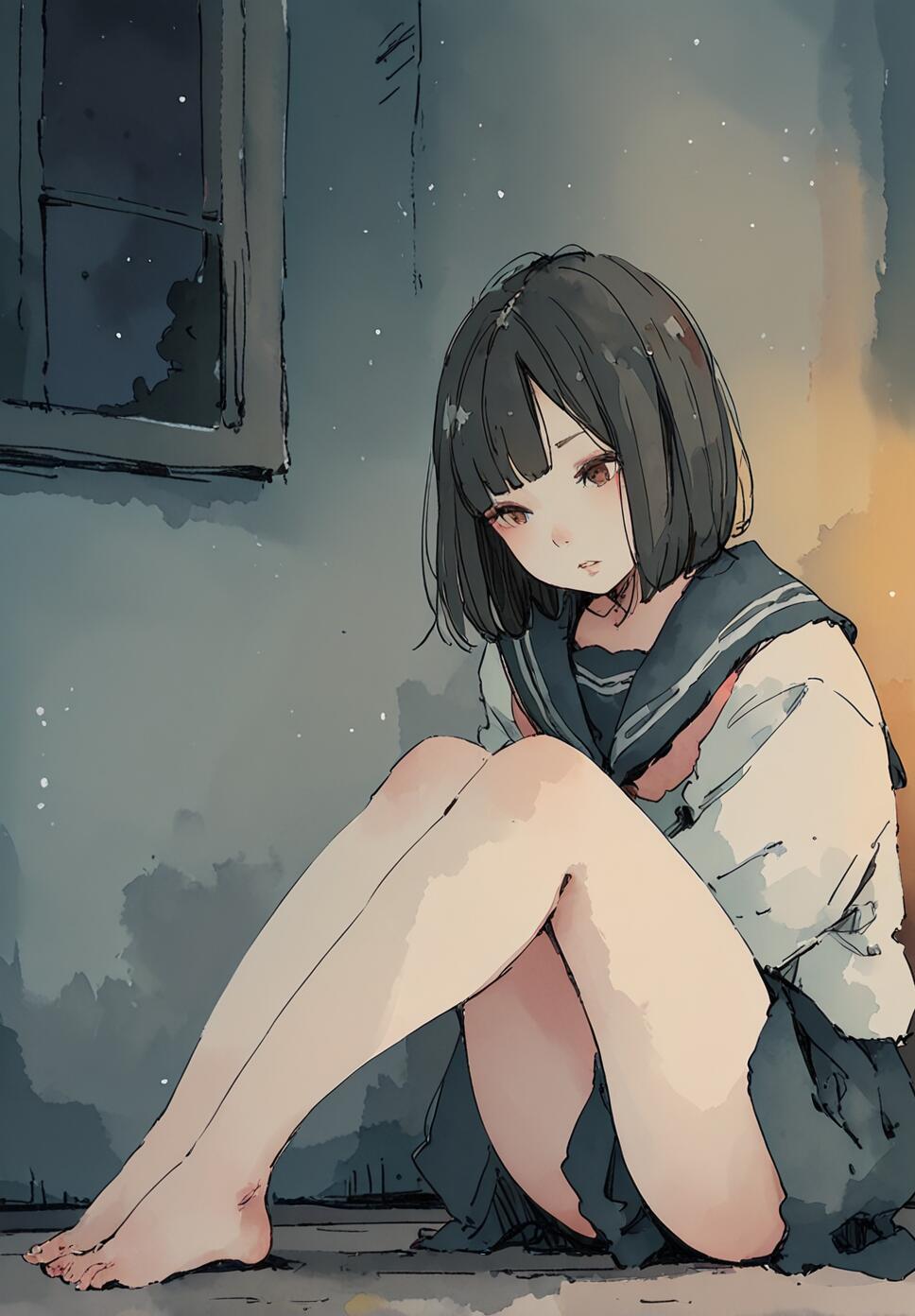 A watercolor sketch of Otohime, a girl with short black hair and brown eyes, wearing a sailor uniform and sitting barefoot on the floor at night.