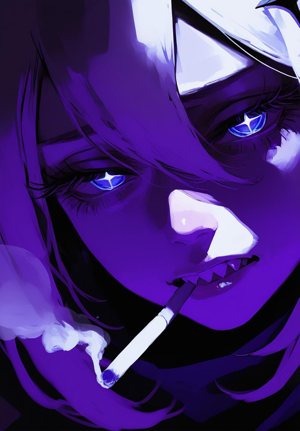 Close-up of Paimon from Genshin Impact with a disgusted expression, smoking a cigarette under a dark violet night sky.
