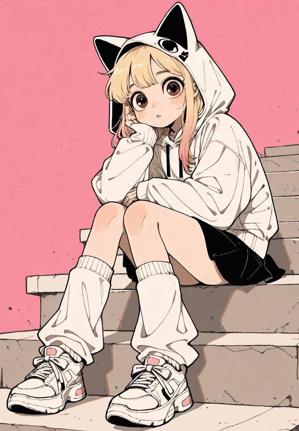A girl with pink and blonde gradient hair wearing a white cat-ear hoodie and black frilled skirt, sitting on steps against a soft pink background in a retro art style.