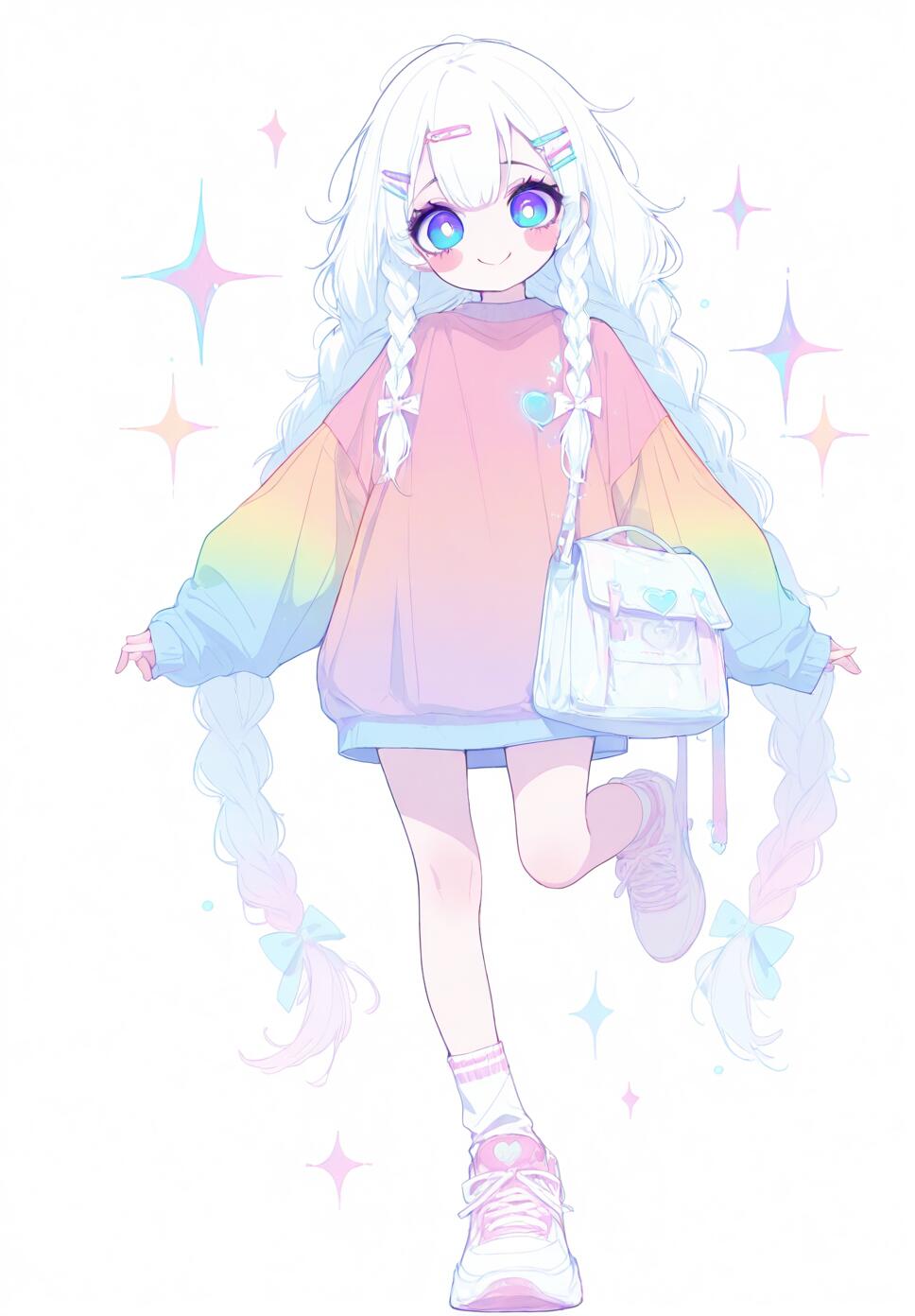 A cute girl with white twin braids, pastel multi-colored clothing, and pink sneakers standing against a rainbow gradient background.