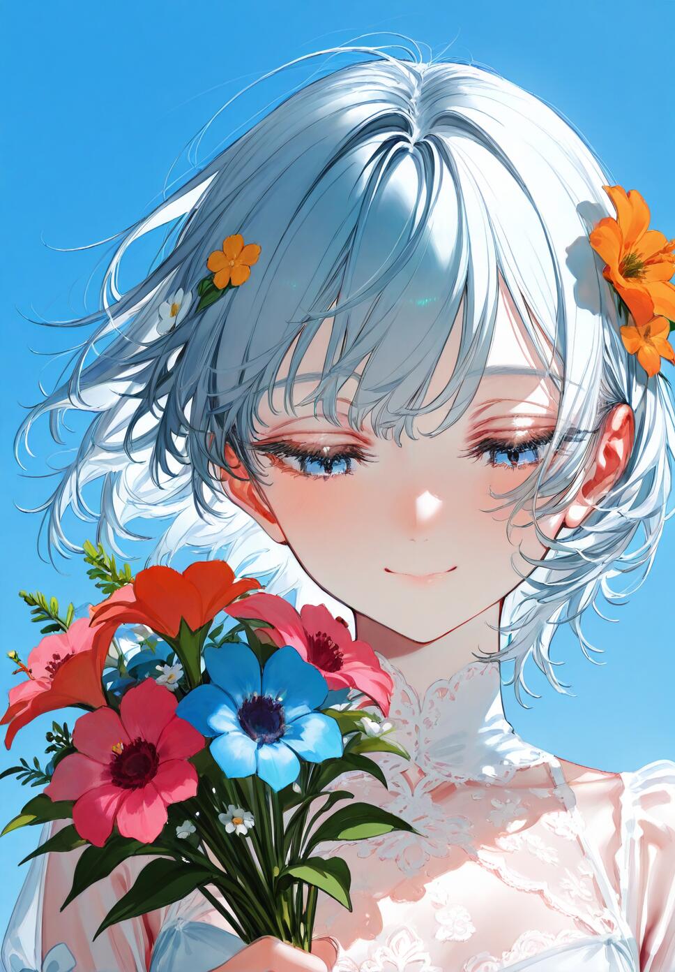 A close-up portrait of a girl with short hair smiling while holding a bouquet of pastel flowers against a clear blue sky.