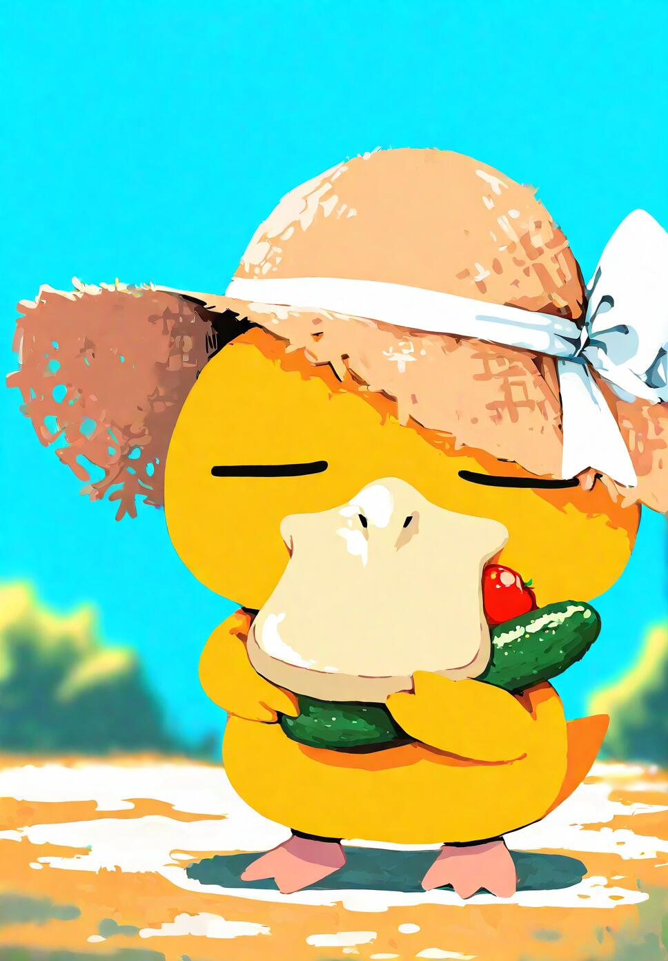 A cute Psyduck wearing a straw sun hat with a white ribbon, holding a tomato and a cucumber in a sunny outdoor setting.