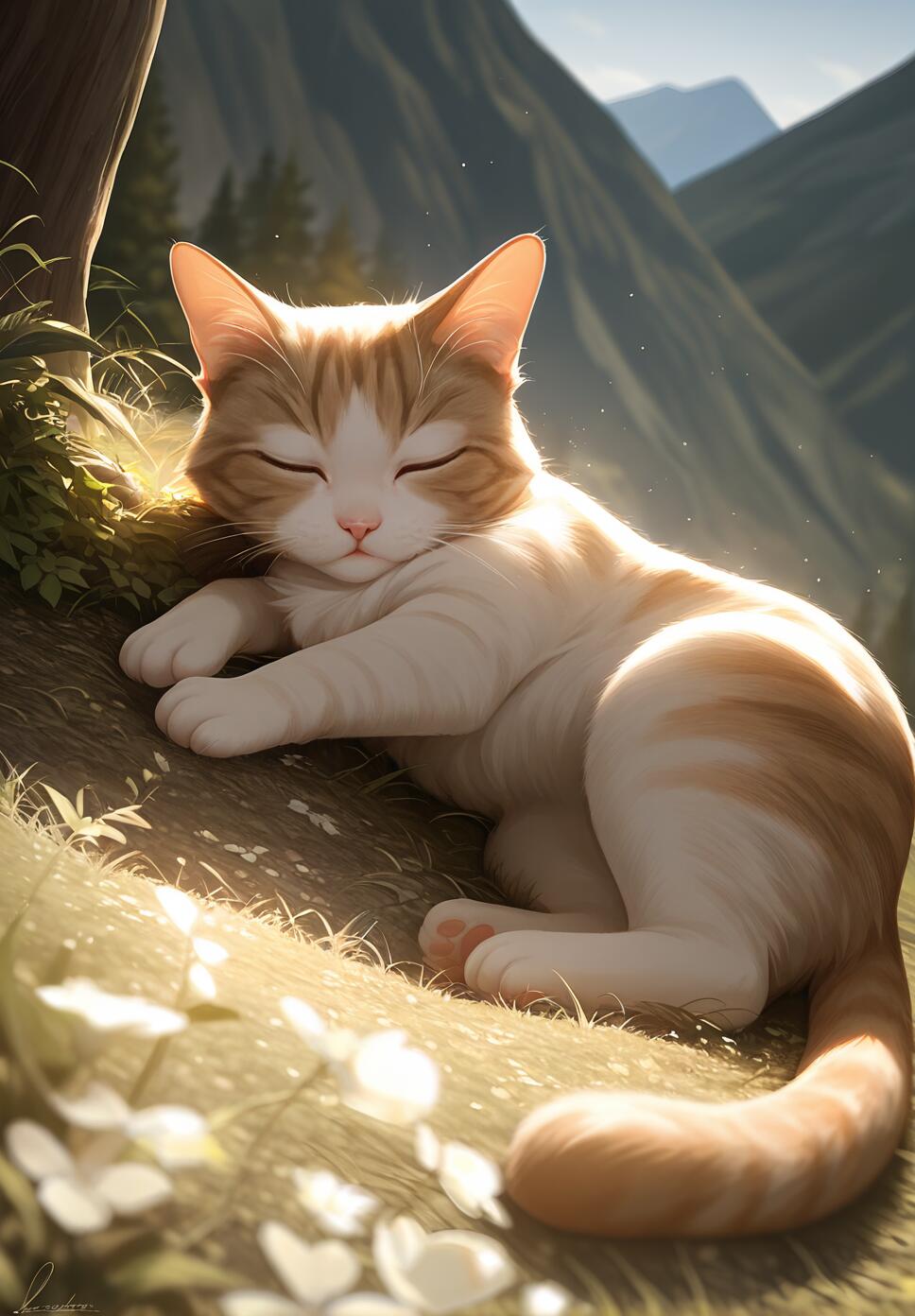 A cute cat sleeping peacefully in a mountain landscape surrounded by glowing light particles.