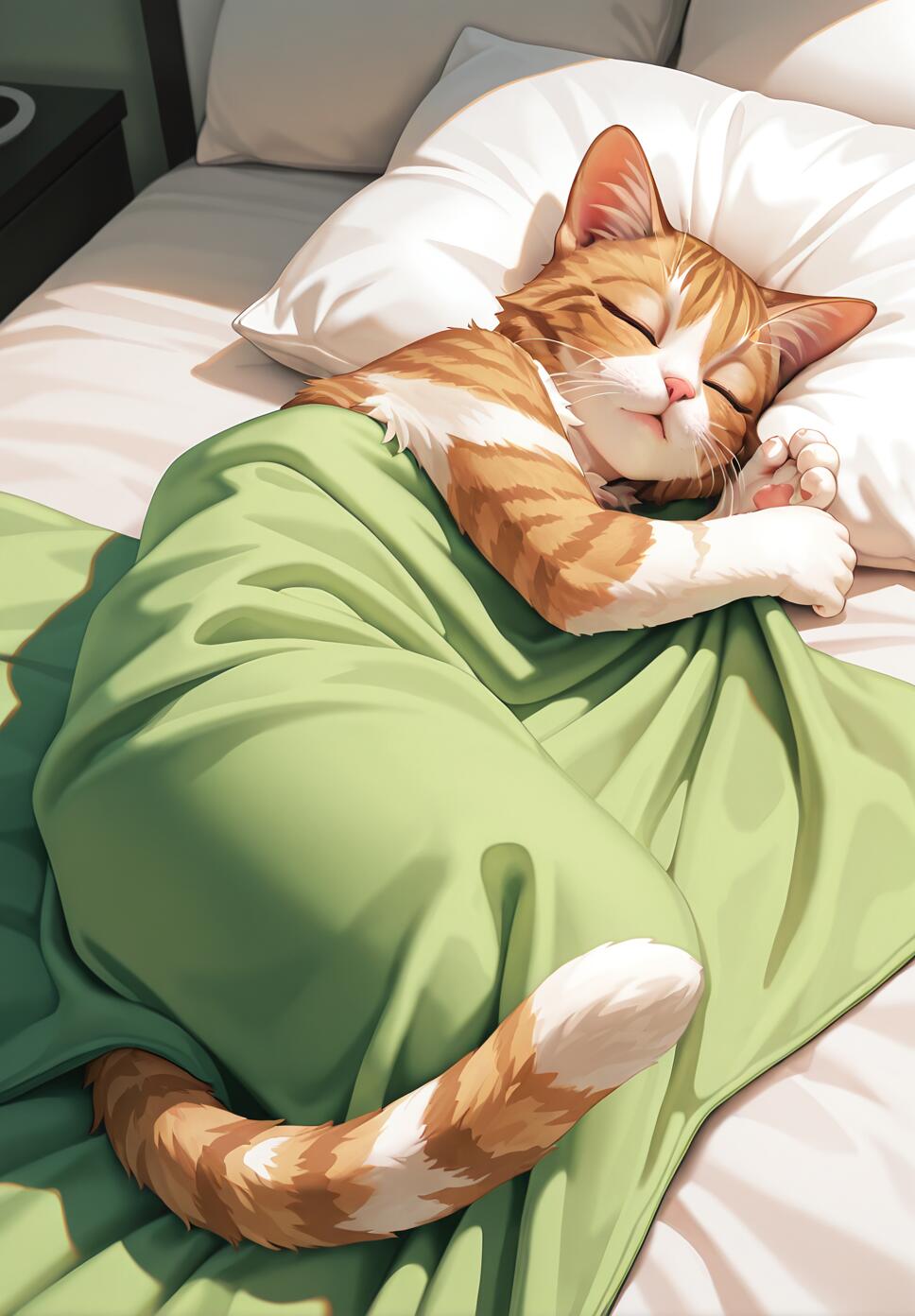 A cute tabby cat sleeping soundly on a white pillow with a pastel green blanket nearby.