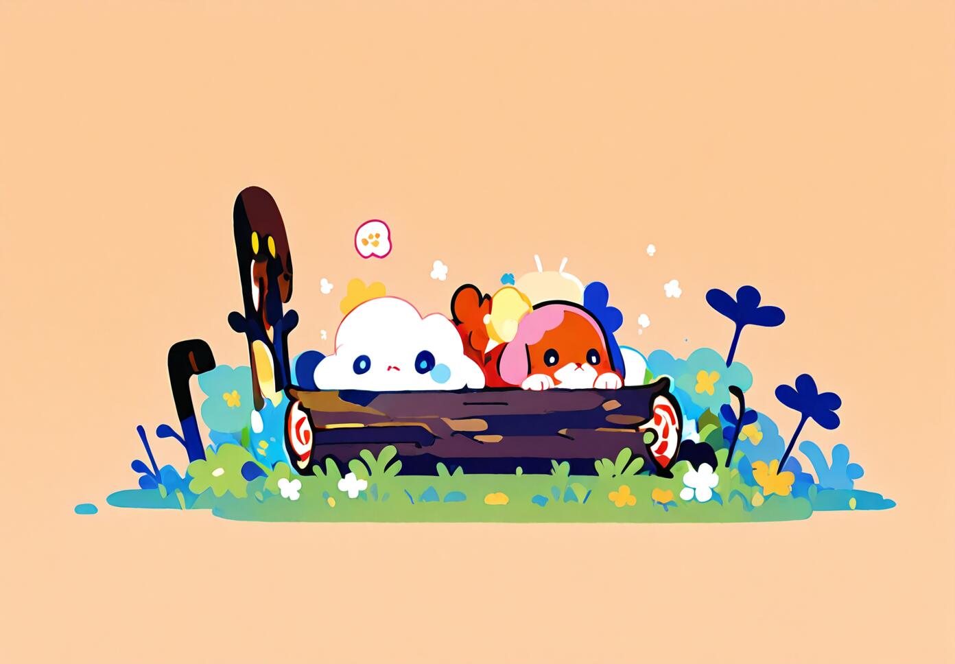 A cute puppy peeking out from inside a hollow log near a small stream in a green meadow, rendered in a flat vector illustration style.