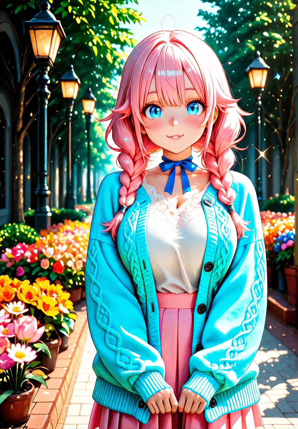 A beautiful anime girl with wavy pink braids and blue eyes wearing a pastel cardigan and pink pleated skirt, standing in a vibrant garden of tulips and daisies.