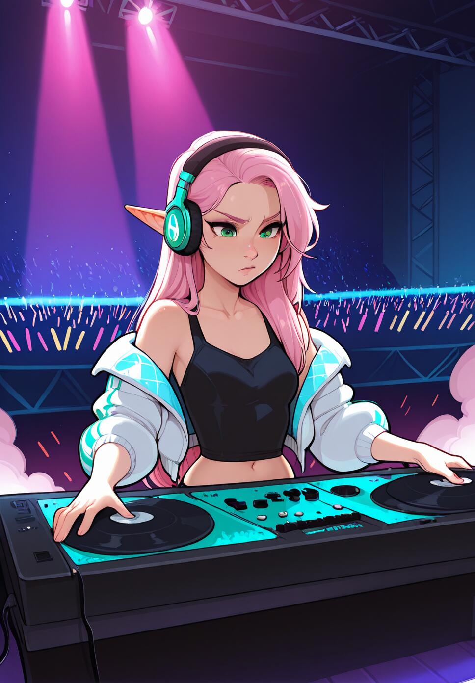 An elf DJ with long pink hair and green eyes performing at a crowded indoor rave with colorful lights and massive speakers.