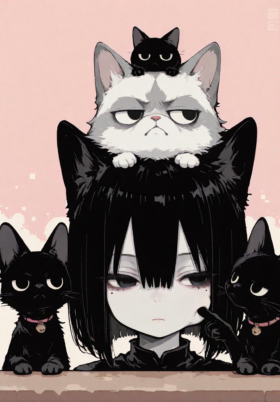 Pixel art illustration of a girl with black hair and a black cat on her head poking her cheek against a pink dithering background.