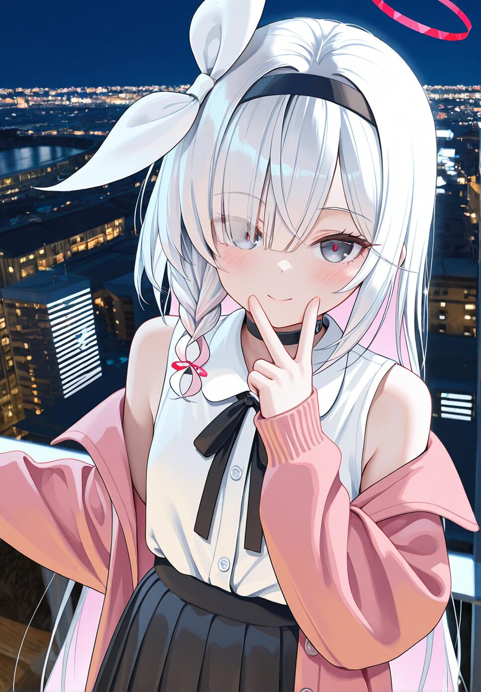 Plana from Blue Archive with multicolored hair and a pink jacket, overlooking a glowing city at night.