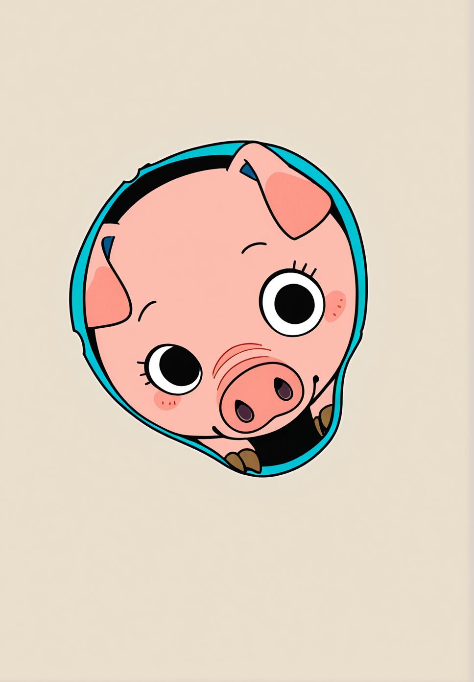 A cute little pig with big round eyes peeking out of a hole in a minimalist, colorful, abstract background.