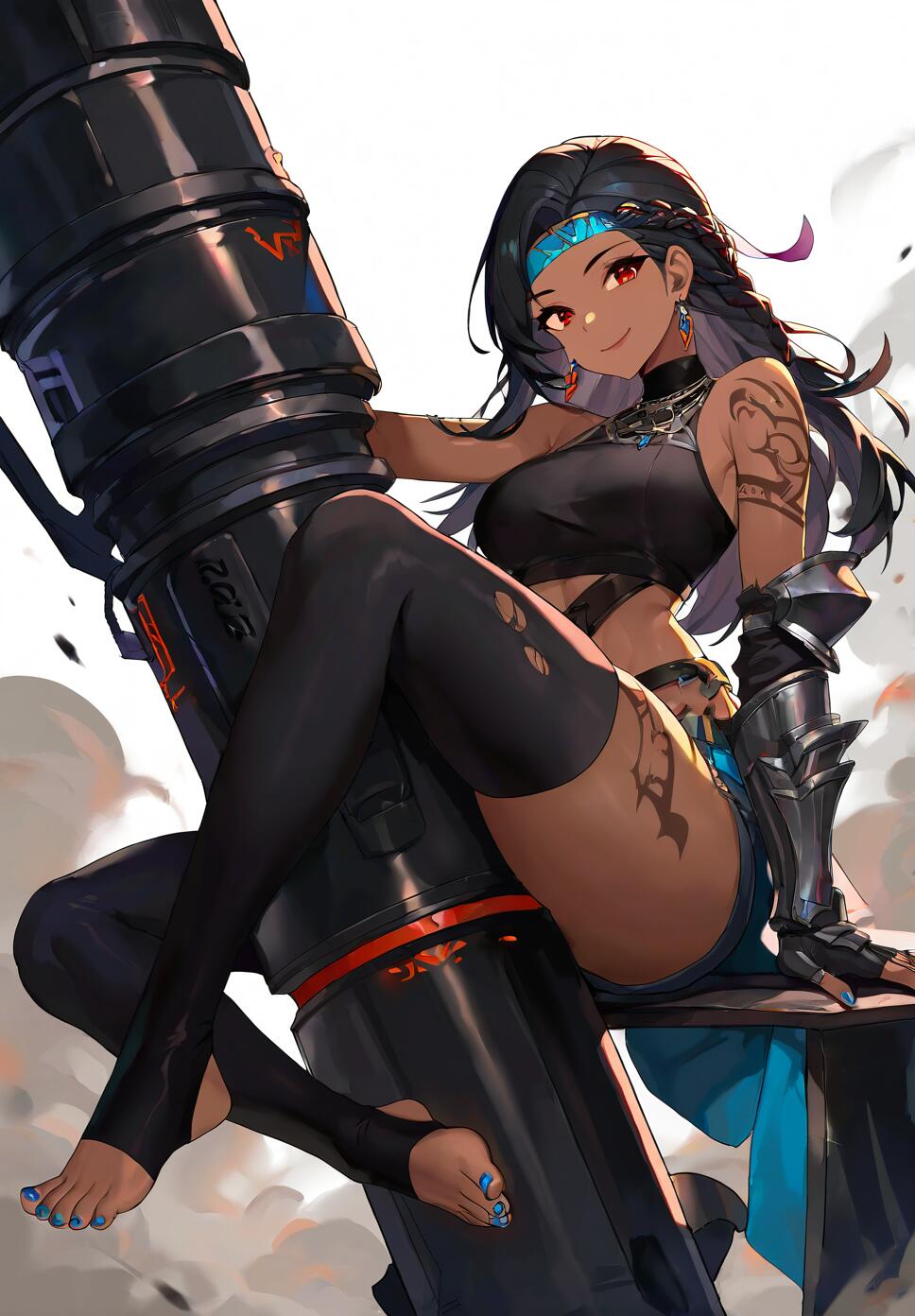 Protoneon, a dark-skinned warrior with black braided hair and red eyes, holding a large rocket launcher amidst smoke.