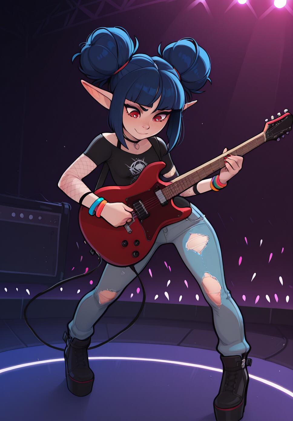 A punk elf girl with dark blue hair and red eyes playing an electric guitar on a brightly lit concert stage.