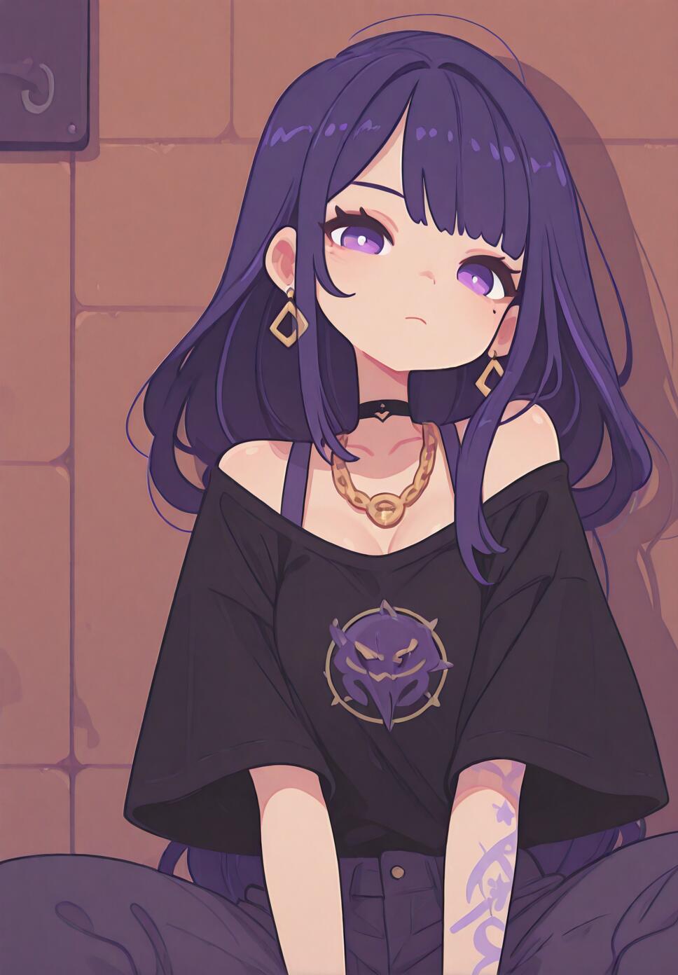 A flat vector illustration of Raiden Shogun from Genshin Impact wearing a black off-shoulder shirt and choker, sitting against a graffiti brick wall.