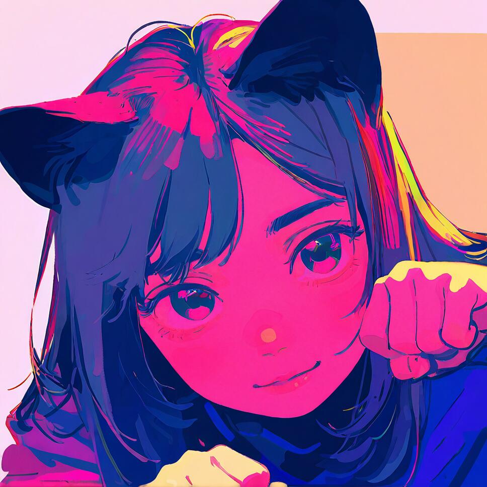A colorful, sketch-style portrait of a happy cat girl with cat ears and a paw pose, featuring a bright rainbow color palette.