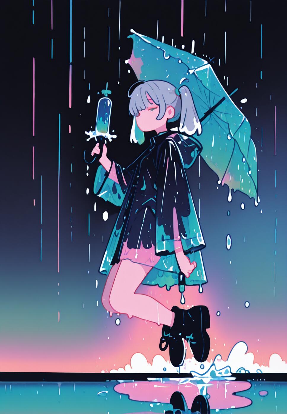 Flat vector illustration of a girl with grey twintails and a translucent raincoat jumping over a puddle in the rain with an umbrella.