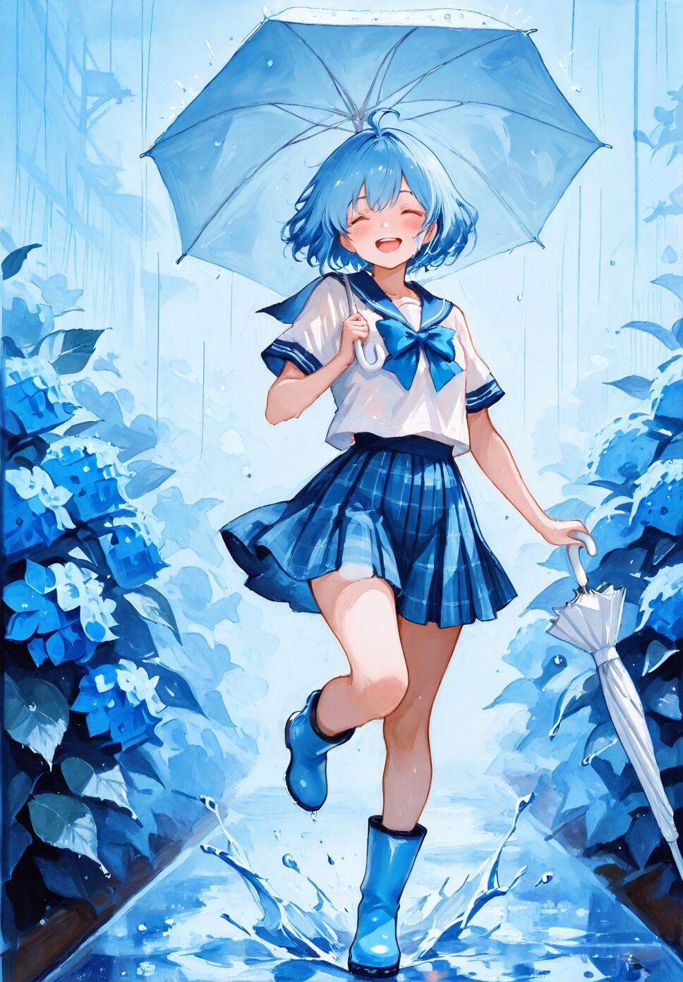 A watercolor painting of a girl with short blue hair wearing a blue school uniform and rubber boots, holding a blue umbrella in the rain surrounded by hydrangeas.