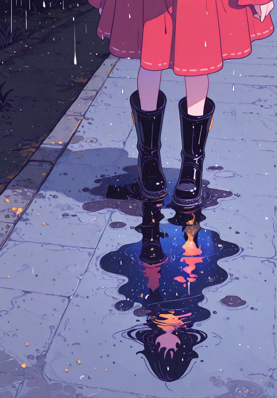 A top-down, close-up flat vector illustration of a girl in black rain boots and a red dress, with reflections visible in a puddle on rainy asphalt.