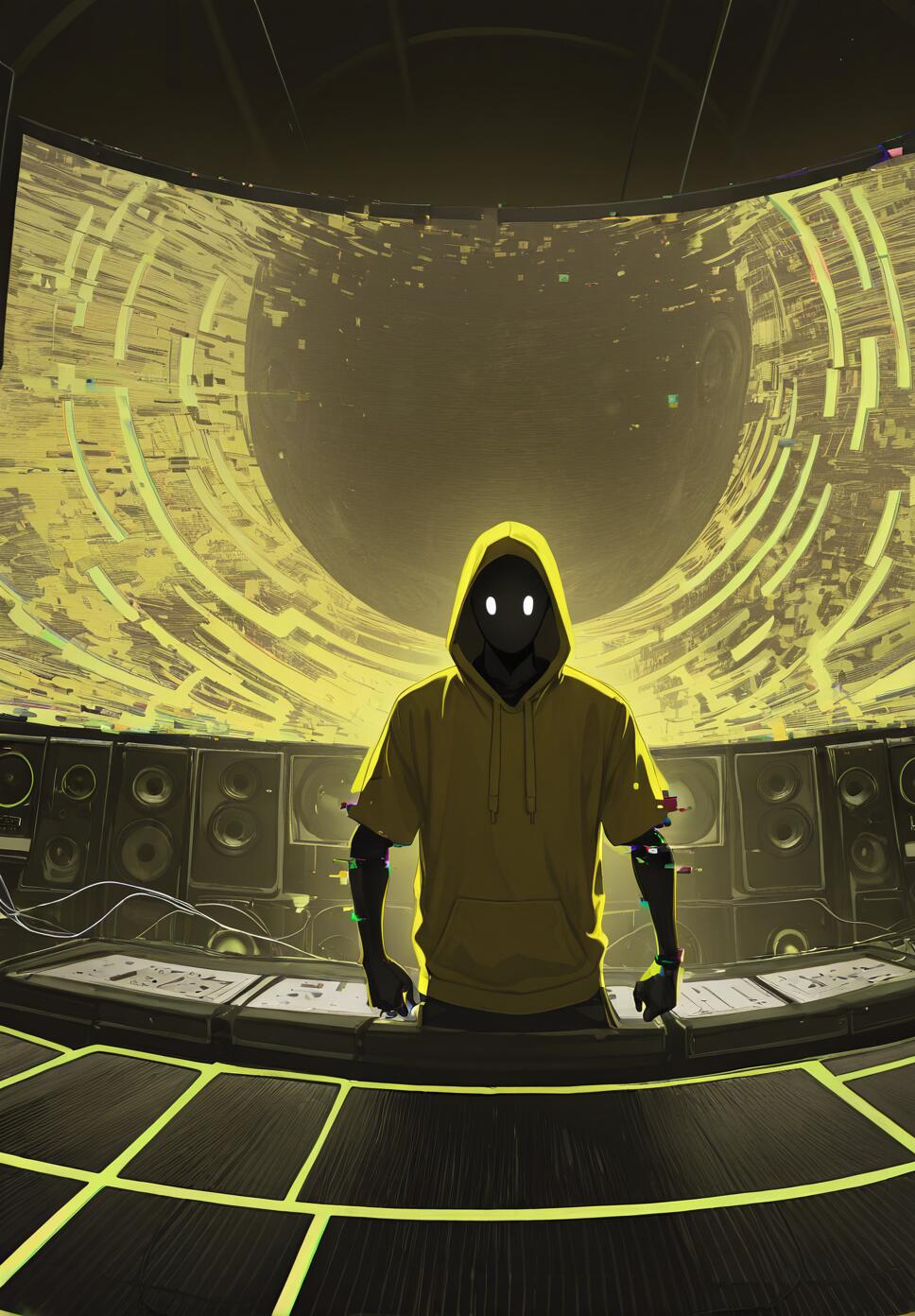 An abstract graphic poster in yellow and black featuring a man in a hoodie, a large central speaker, neon light rings, and glitchy sound wave patterns.