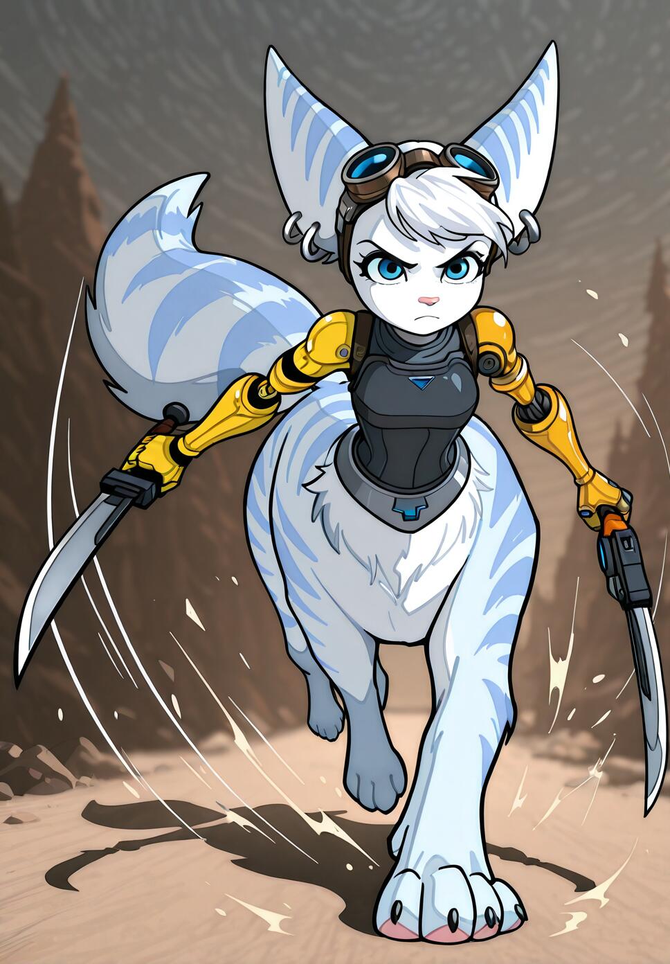 A dynamic, high-detail illustration of Rivet from Ratchet & Clank as a centaur, dual wielding weapons while running through an abstract geometric background.