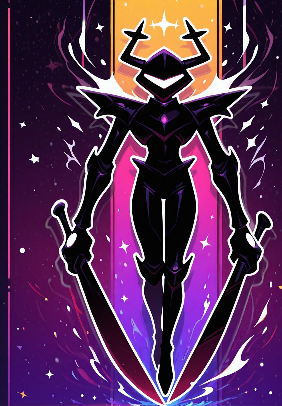 A flat vector illustration of the armored Roaringknight with antlers and a black sword, levitating in a dark rainbow and starry cosmic background.