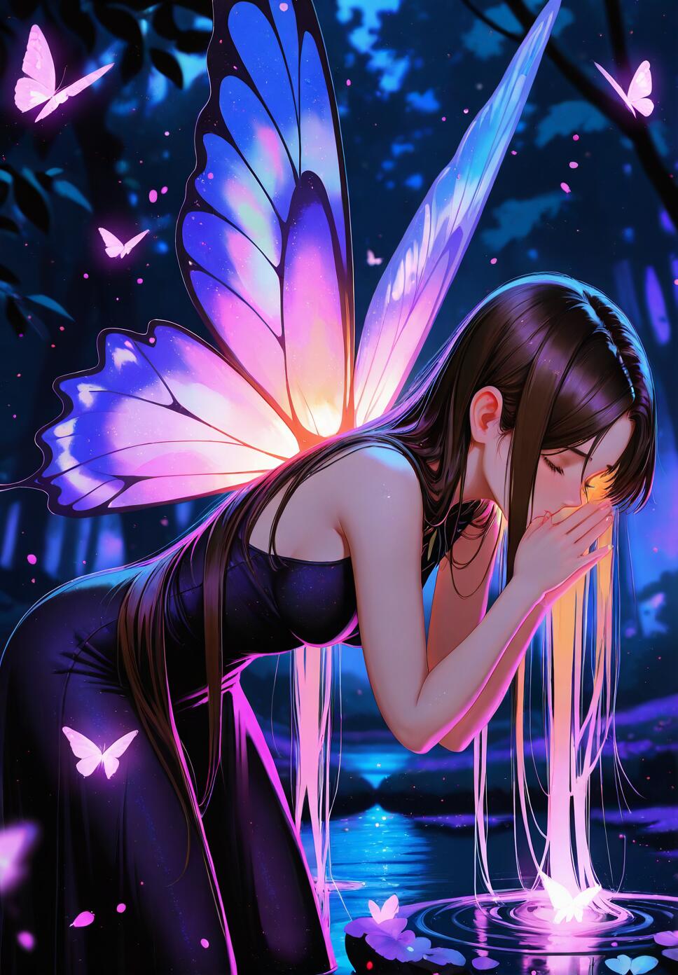 A fairy named Rodya with long brown hair and butterfly wings praying in the air above a moonlit forest lake with glowing butterflies.