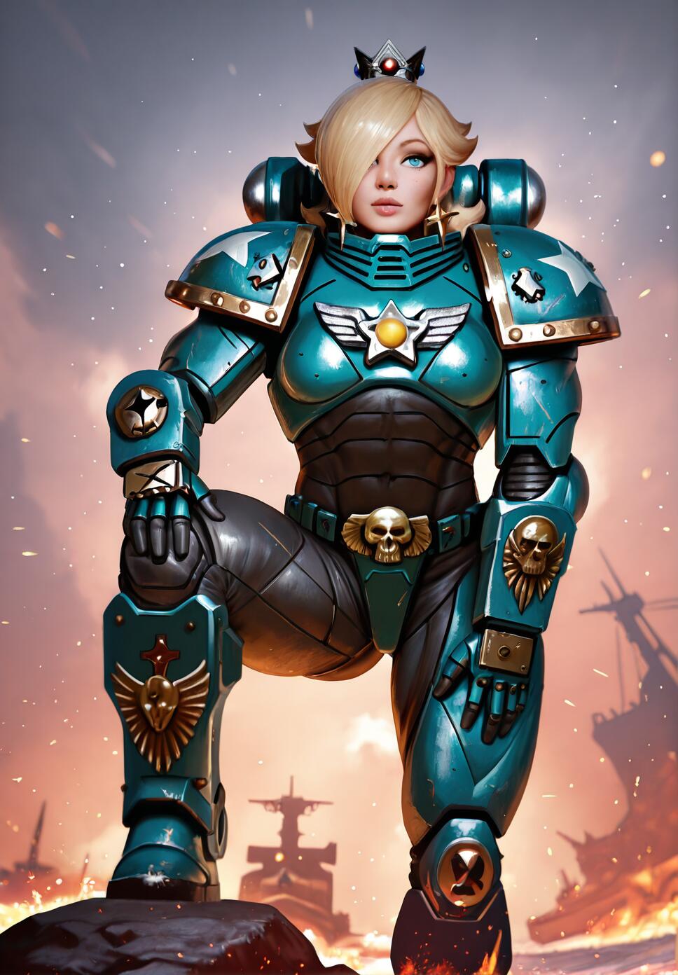 A muscular version of Rosalina from Super Mario wearing heavy ultramarine power armor, standing on rocks near a tropical beach with ships and fire.