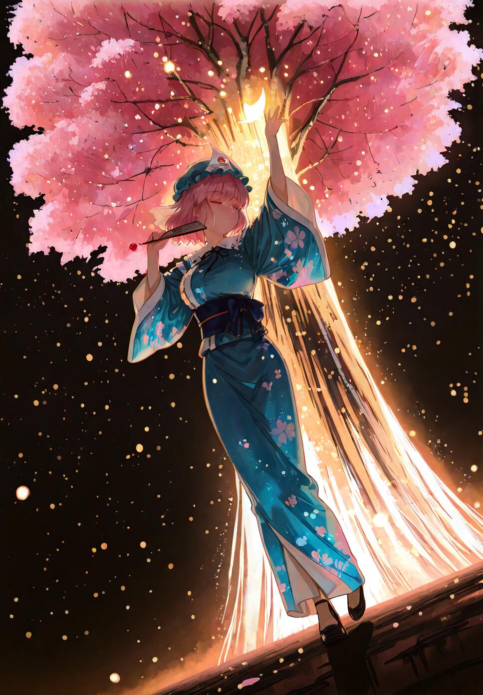 Saigyouji Yuyuko from Touhou Project dancing with a folding fan under a giant cherry blossom tree at night.