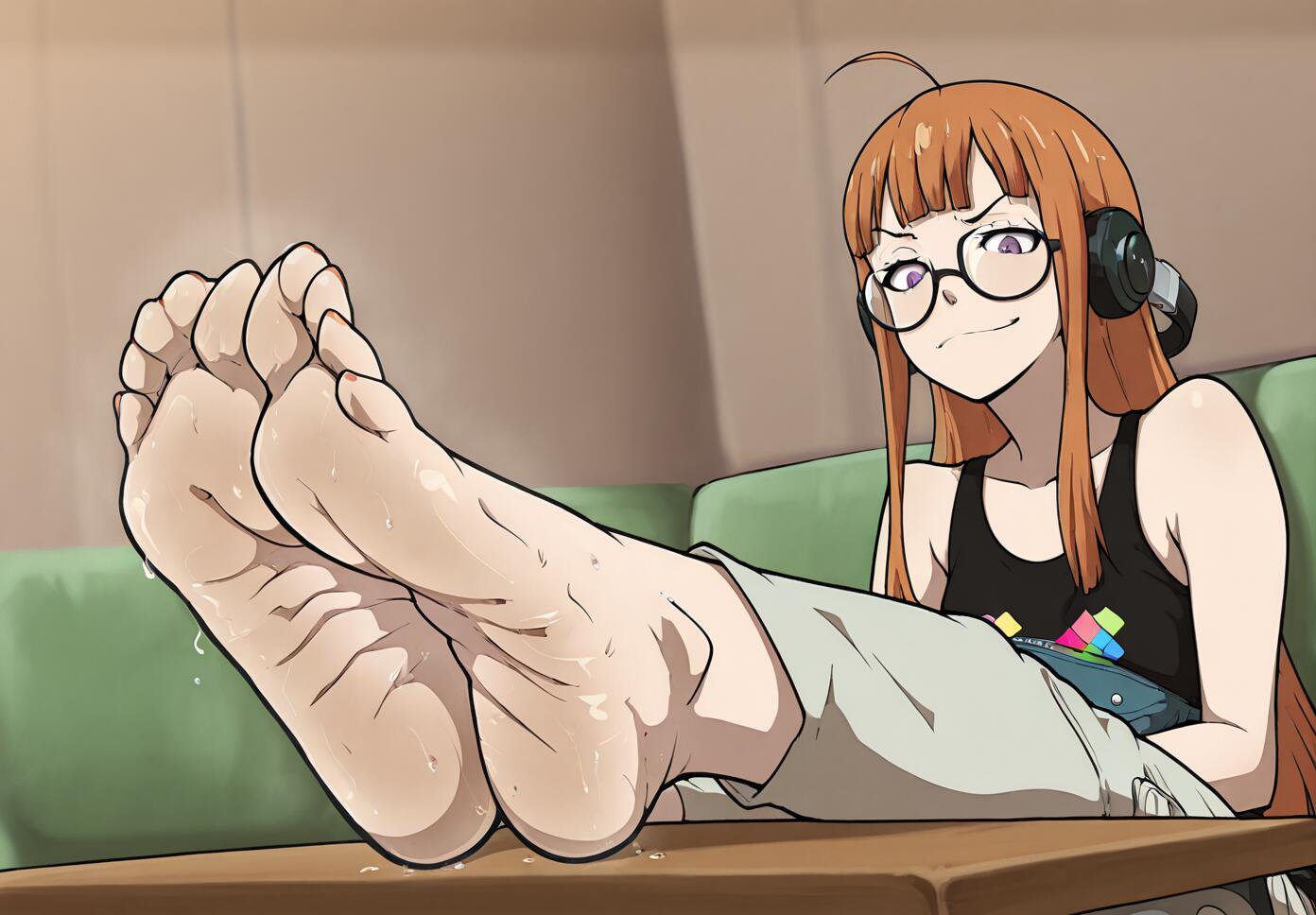 Sakura Futaba from Persona 5 sitting with feet on a table, wearing a black tank top, glasses, and headphones.